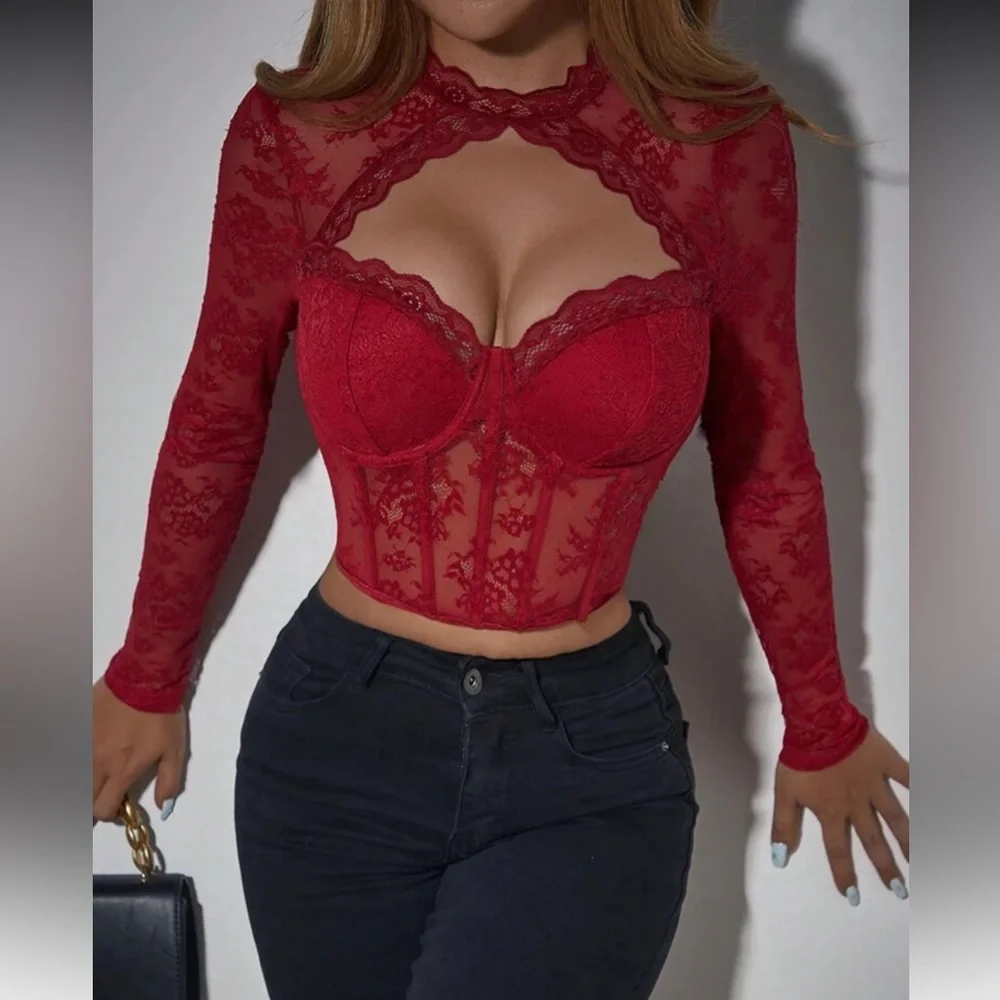 Elegant Red Lace Long Sleeve Top